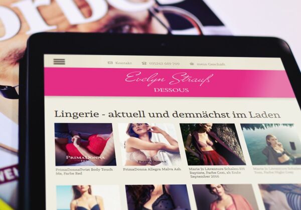 Gestaltung einer Unterseite der Website Evelyn Strauß - Dessous - Tablettansicht