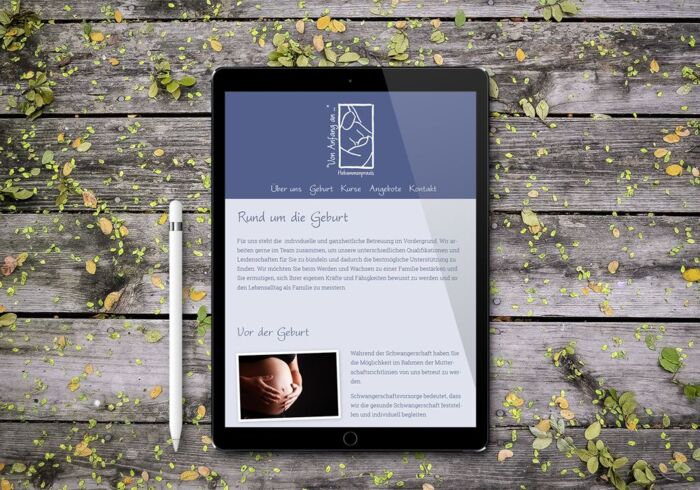 Unterseitengestaltung der Website für die Hebammenpraxis „Von Anfang an …“ in Dresden - Tablettansicht
